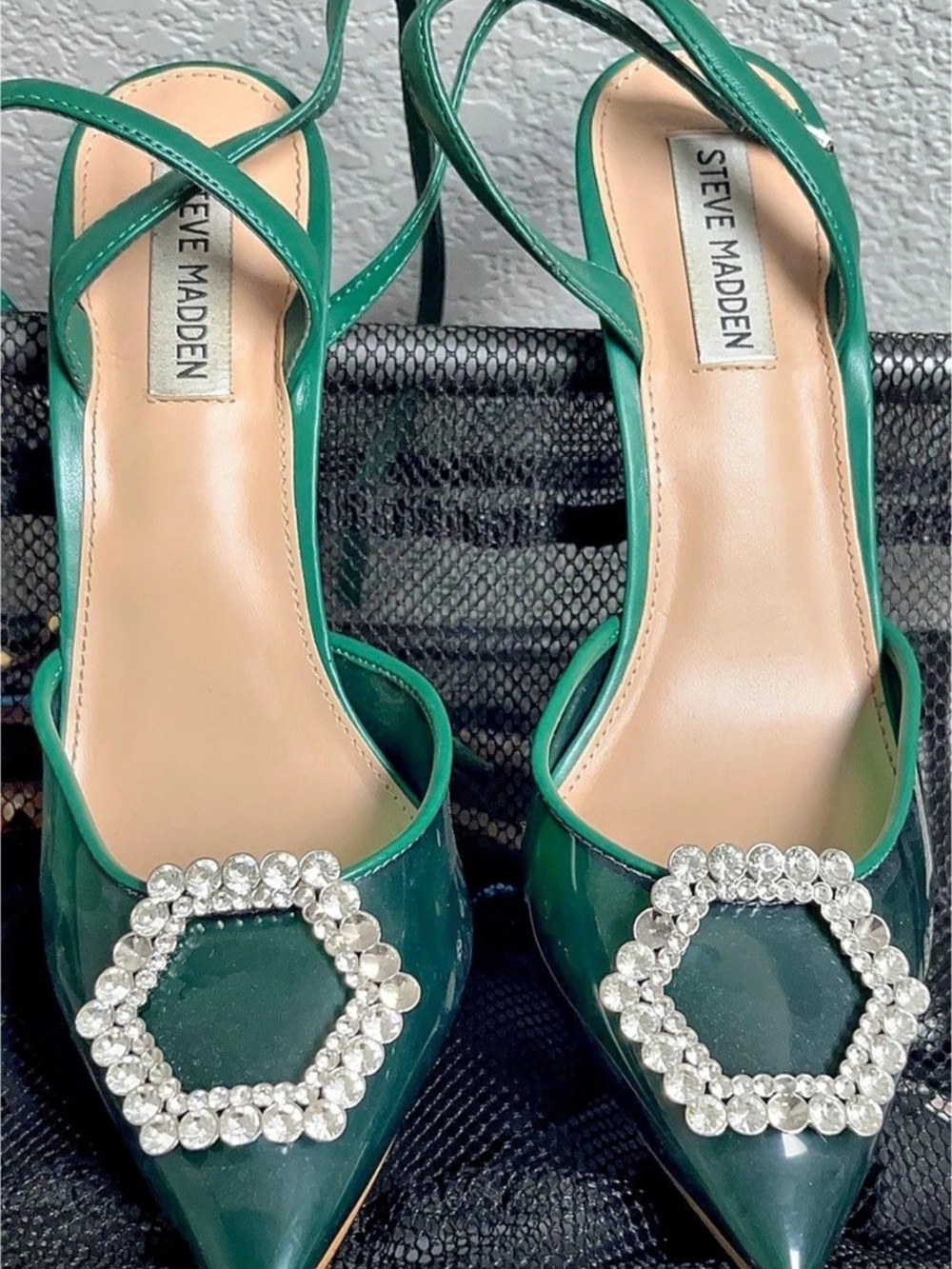 Steve Madden Crystal Buckle Pointed-Toe Heels in Green